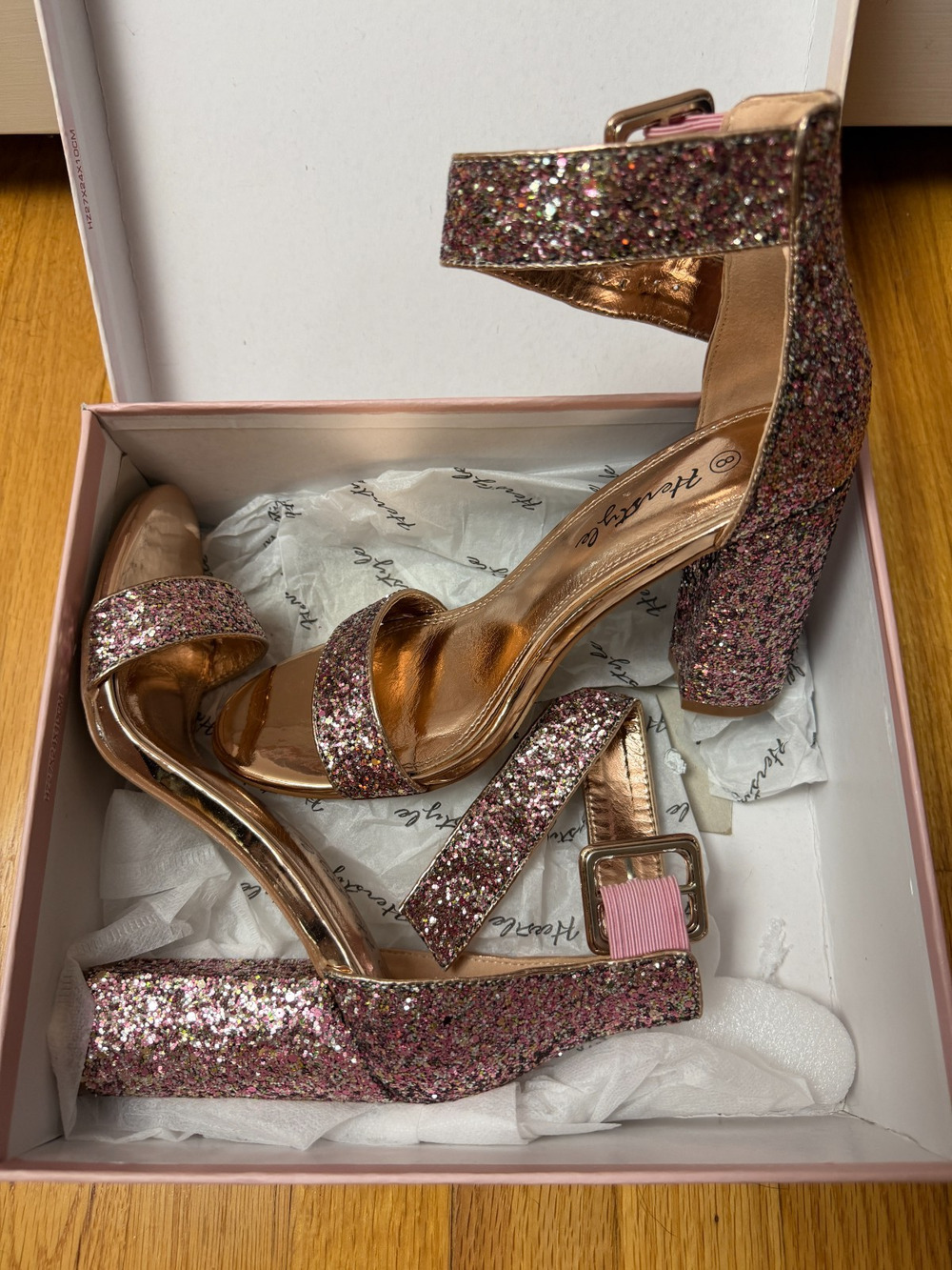 8 Women's Herstyle Heeled Multicolor Glitter Ankle Strap - Box included
